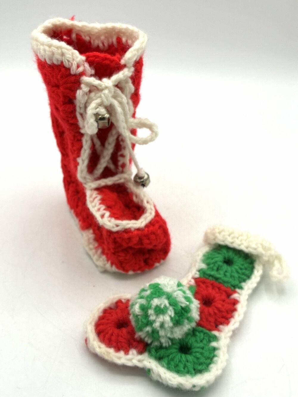Handmade Crochet Christmas Ornaments Set 2 Red Boot Bell Stocking Granny Cottage